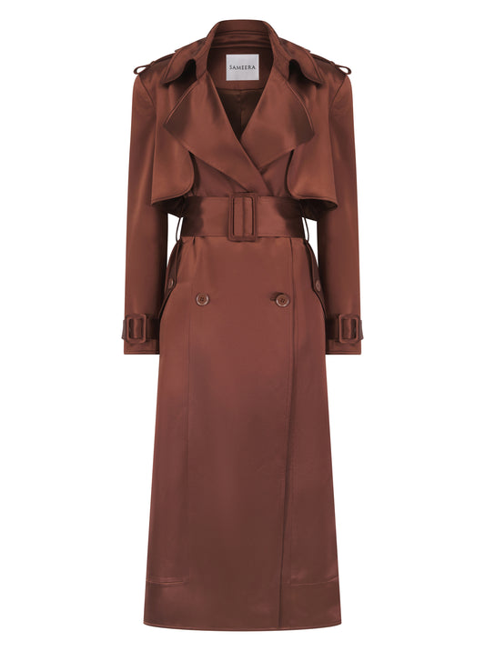Maryam Brown Belted Satin Trench Coat